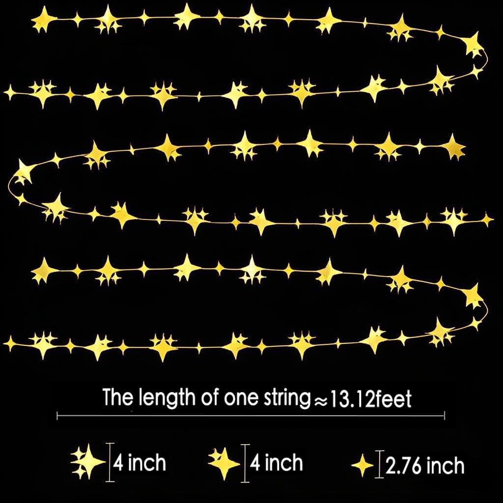 40-Foot Glitter Gold Four-Point Star Garland
