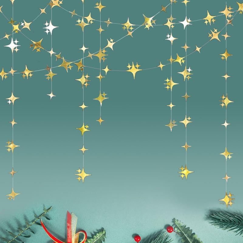 40-Foot Glitter Gold Four-Point Star Garland