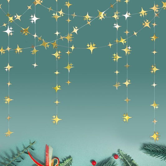 40-Foot Glitter Gold Four-Point Star Garland