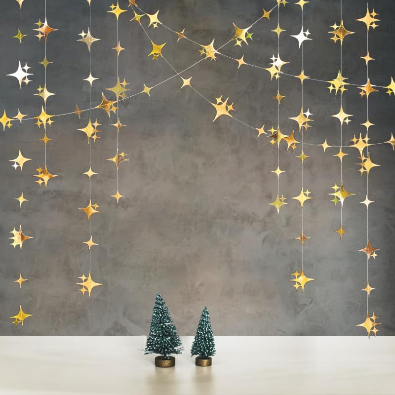 40-Foot Glitter Gold Four-Point Star Garland