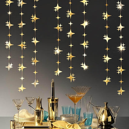 40-Foot Glitter Gold Four-Point Star Garland
